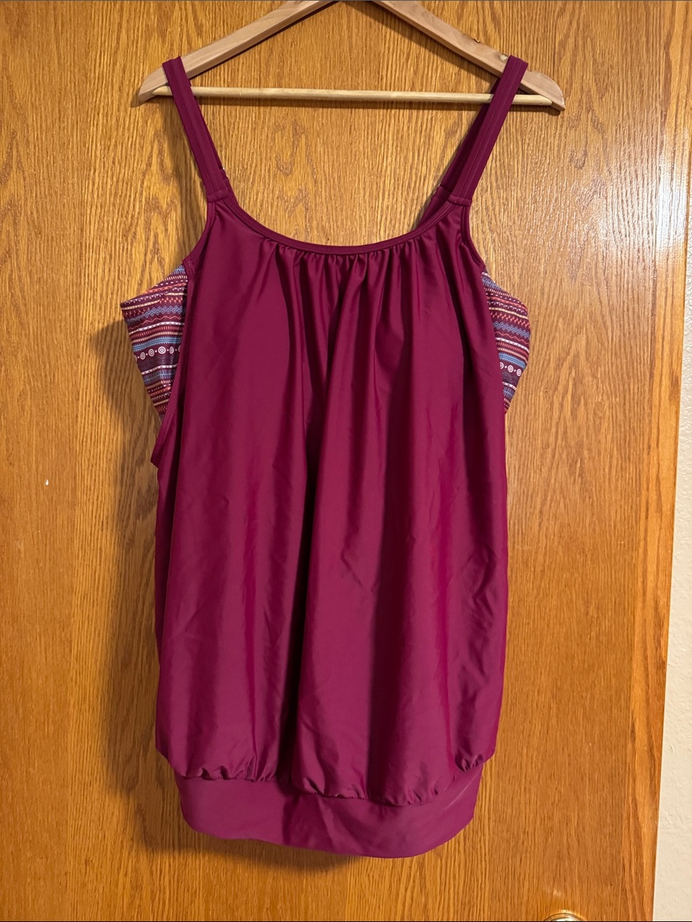 BloomChic swimsuit - top maroon with Patterned Side Panels and bottoms black